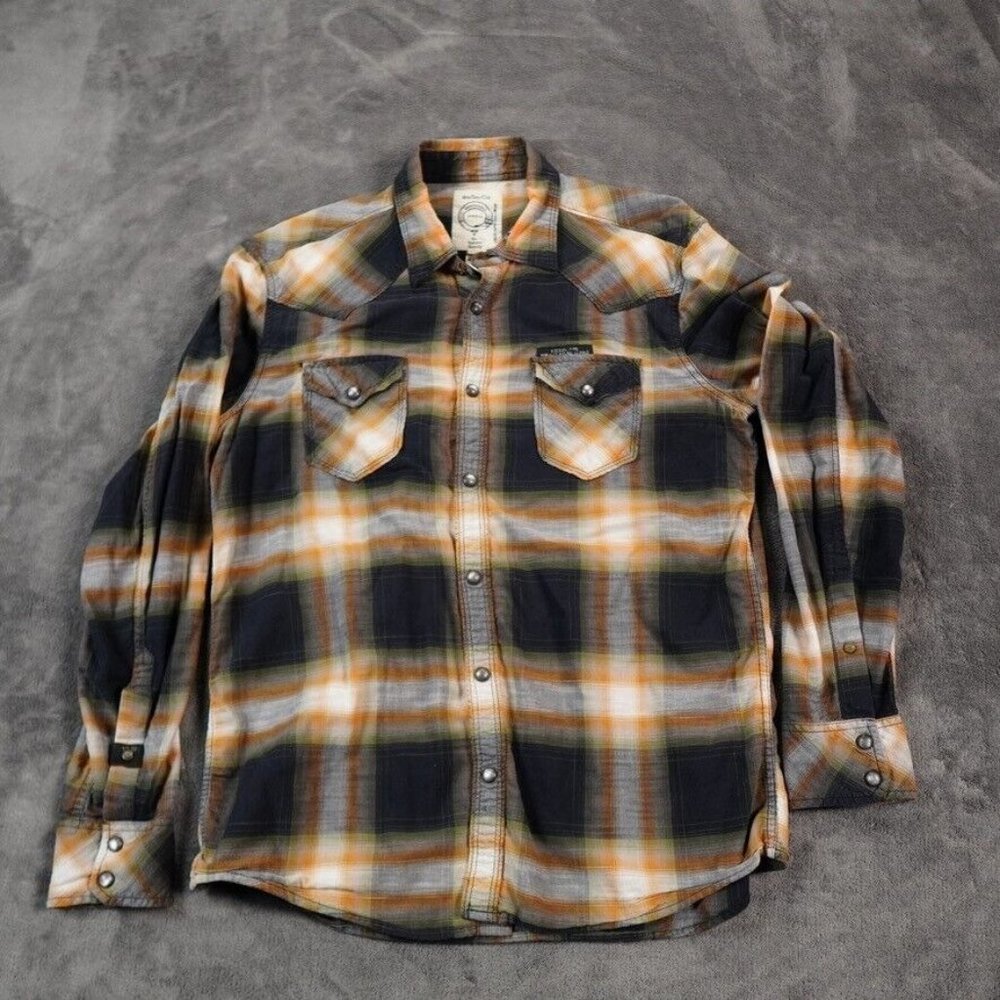 Diesel Shirt Mens Large Yellow Orange Black Plaid Western Pearl Snap Rodeo